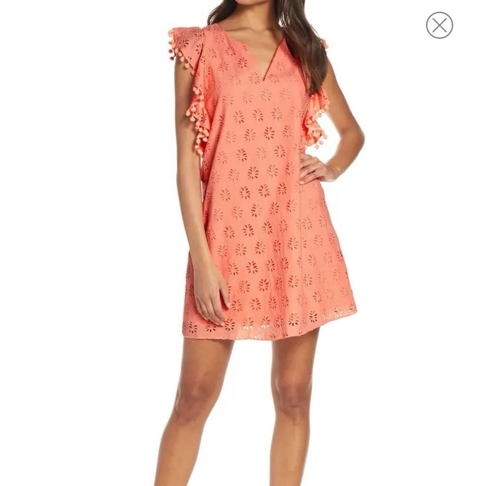 Lilly Pulitzer Astara Peach Eyelet Midi Dress With Pompom Accent Ruffles Small